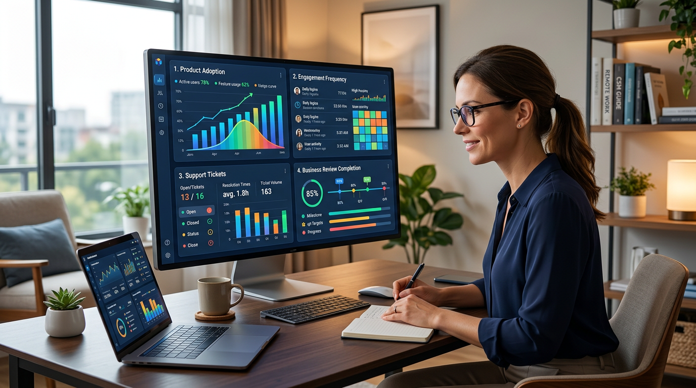 Visual representation of key customer health metrics remote CSMs should track, including product adoption, engagement frequency, support tickets, and business review completion rates