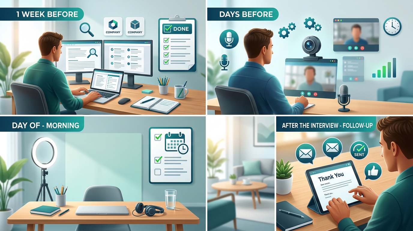 Checklist infographic showing remote interview preparation steps from one week before through day-of and follow-up actions