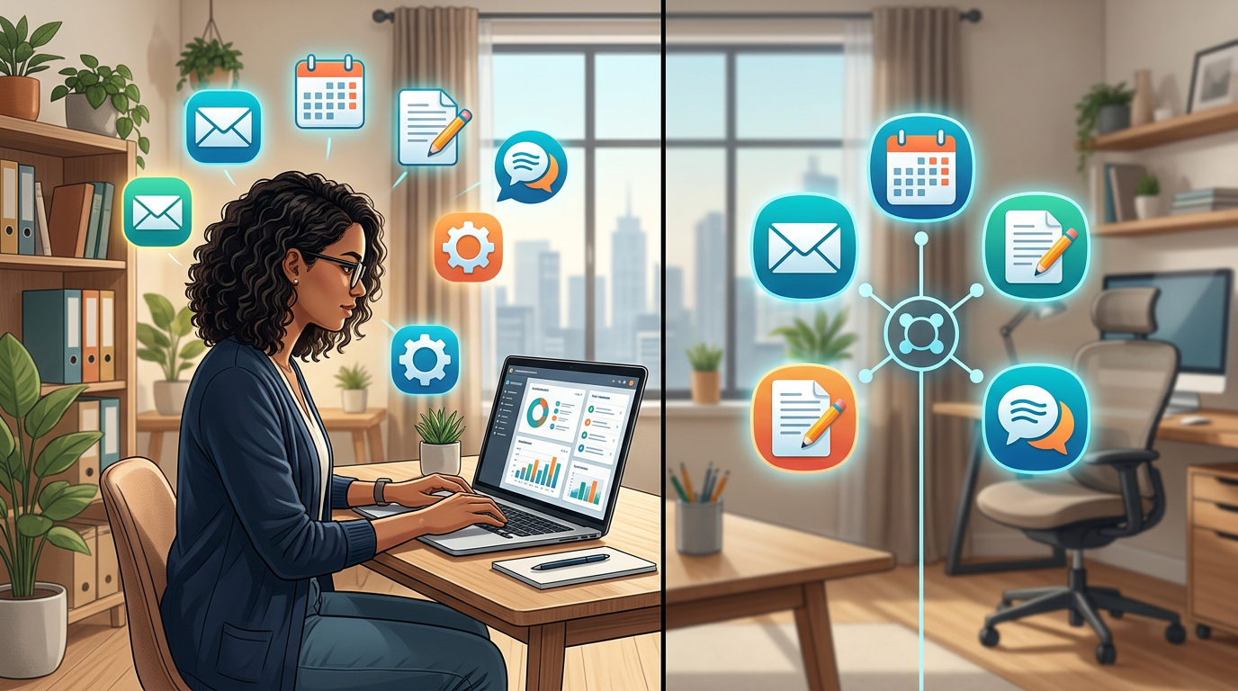 Split-screen illustration showing a virtual assistant managing multiple tasks on laptop with icons for email, calendar, documents, and communication tools floating around workspace