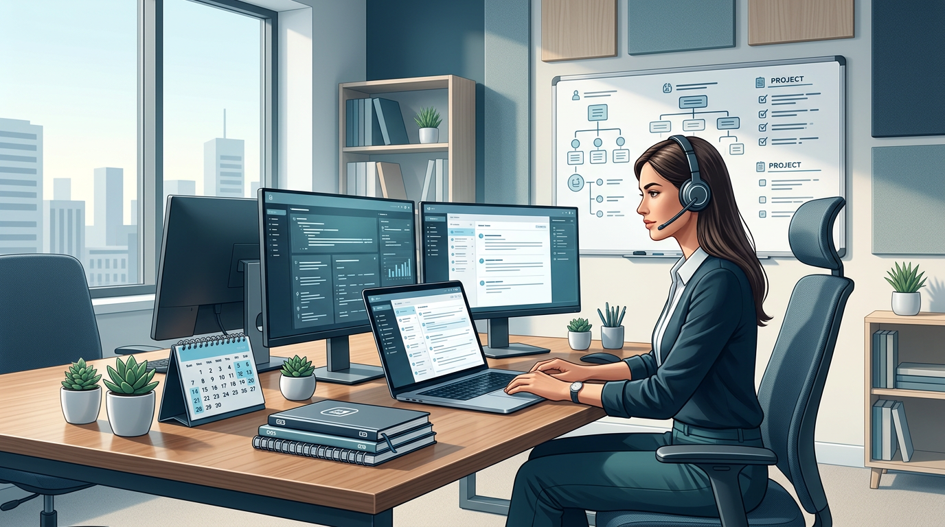 Visual framework showing 30-60-90 day plan for remote executive assistant with specific milestones and activities for each phase