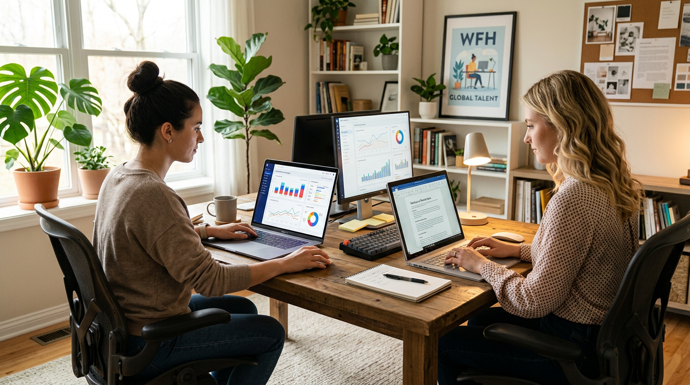 Workspace scene showing social media manager reviewing analytics dashboard with engagement graphs, alongside content writer typing blog post on laptop, both working from home office setup