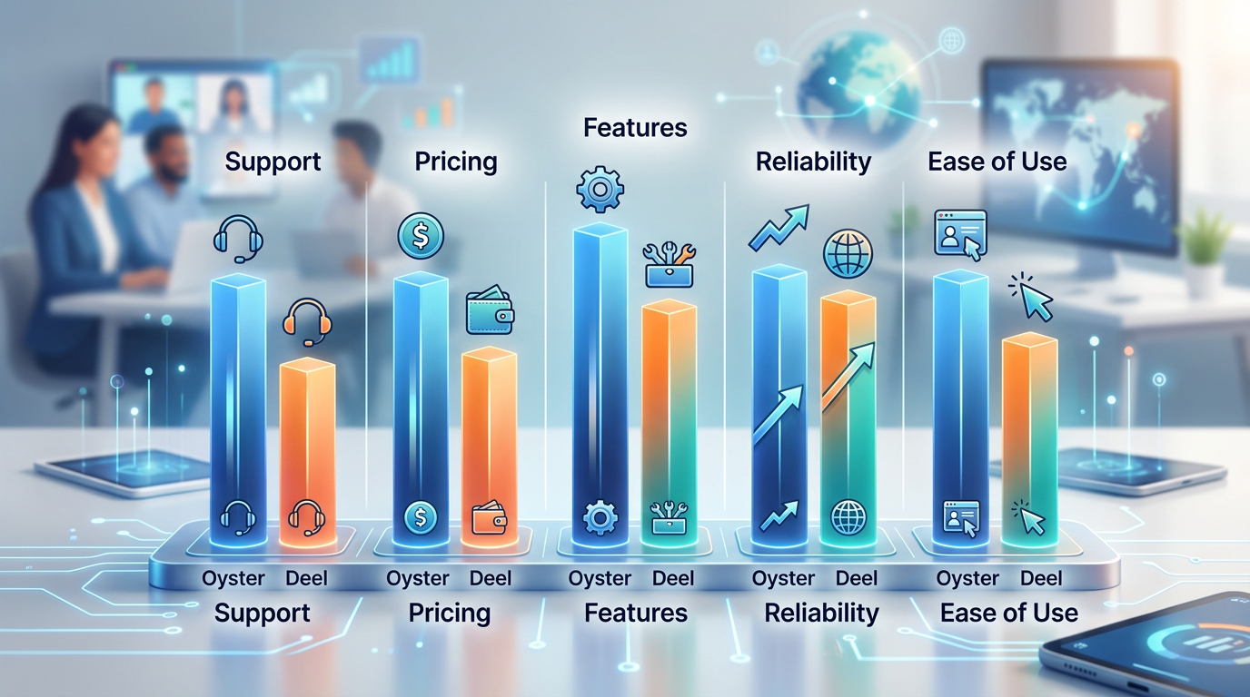 User satisfaction comparison chart showing ratings across five categories (Support, Pricing, Features, Reliability, Ease of Use) for both Oyster and Deel with visual bar graphs