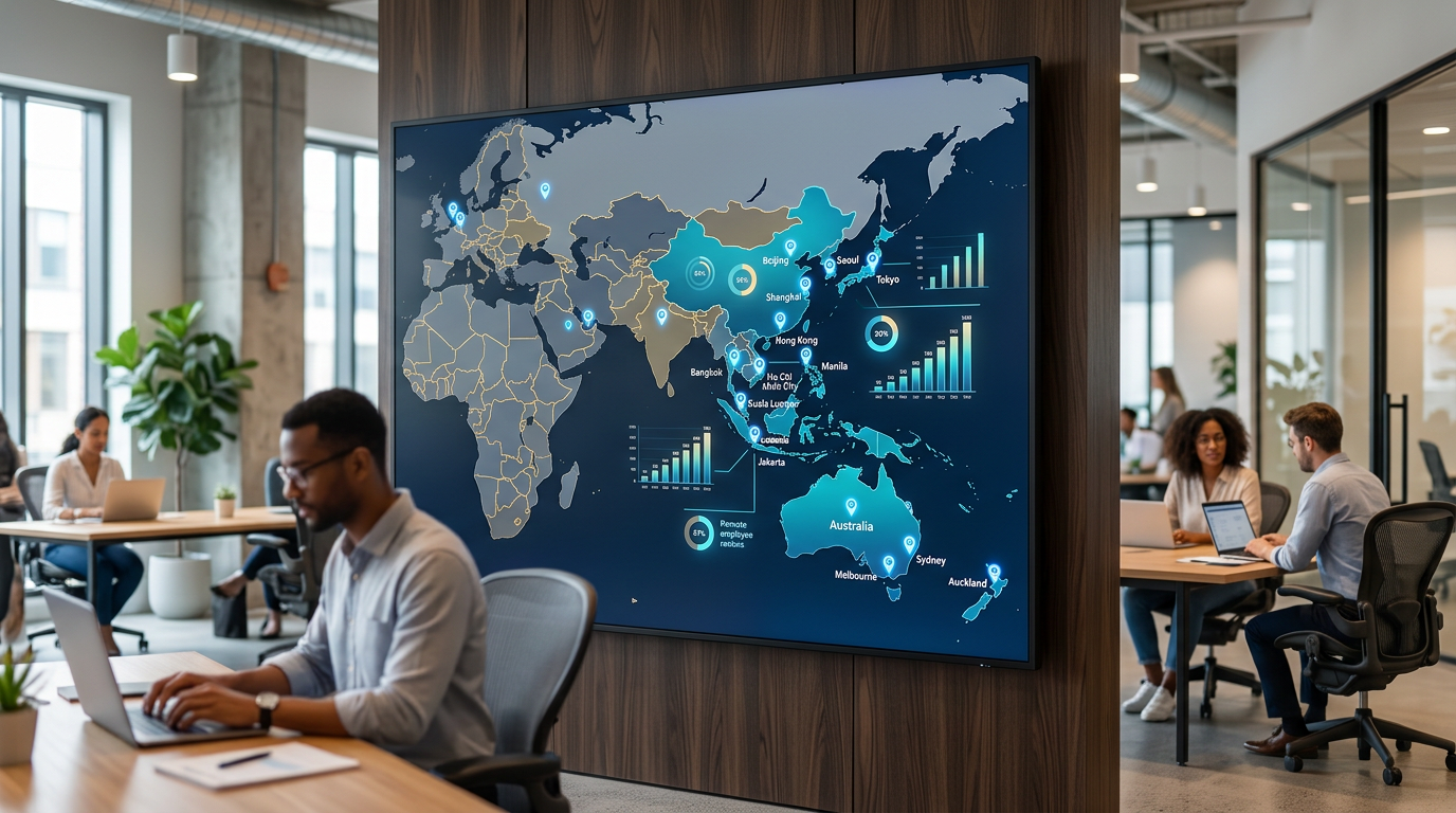 World map visualization highlighting Horizons' Asia-Pacific coverage with employee count statistics and supported countries in the region marked with location pins