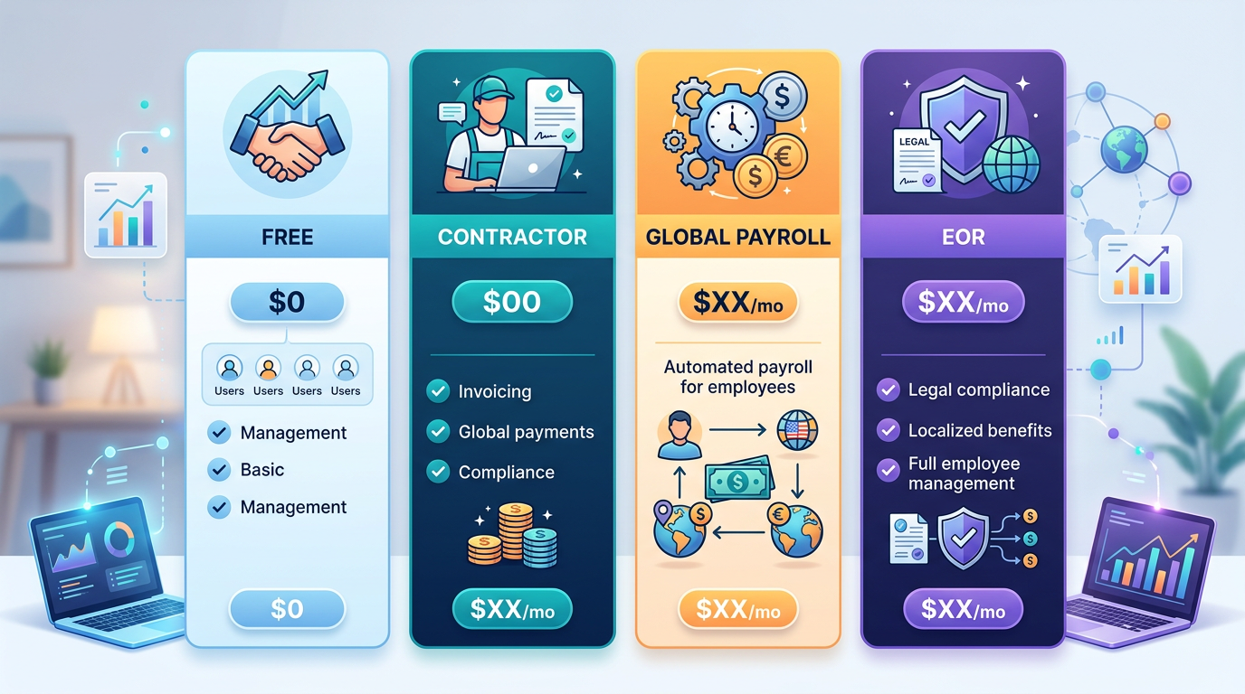 Comparison table showing Deel's four pricing tiers side by side with monthly costs per user and key features listed for Free, Contractor, Global Payroll, and EOR plans