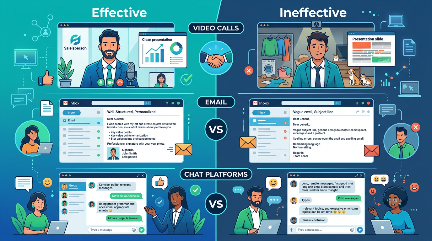 Comparison infographic showing effective versus ineffective remote sales communication practices across video calls, email, and chat platforms