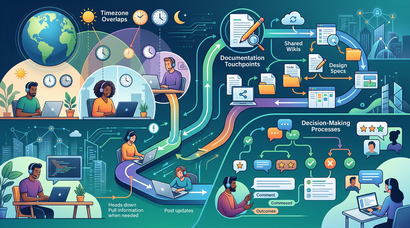 Infographic showing asynchronous communication workflow for remote engineering teams with documentation touchpoints, timezone overlaps, and decision-making processes