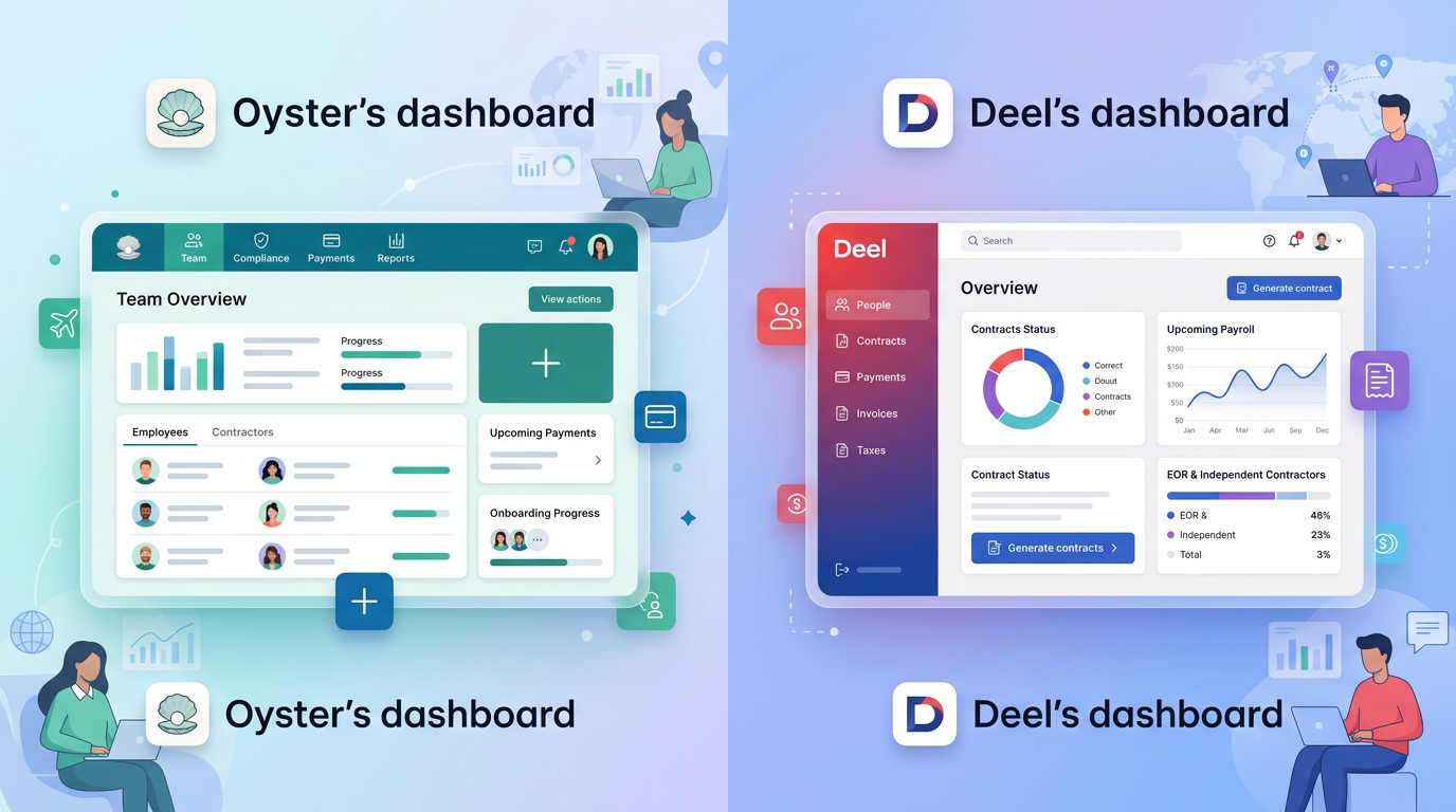 Side-by-side screenshots showing Oyster's dashboard interface versus Deel's dashboard interface, highlighting key navigation differences and feature layouts for contractor and employee management
