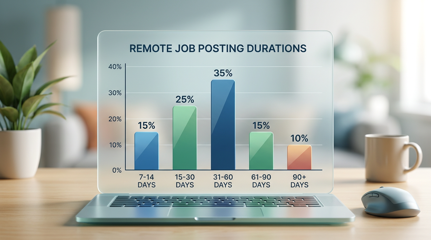 Bar chart showing distribution of remote job posting durations across 5 time periods (7-14 days, 15-30 days, 31-60 days, 61-90 days, 90+ days) with percentages for each category