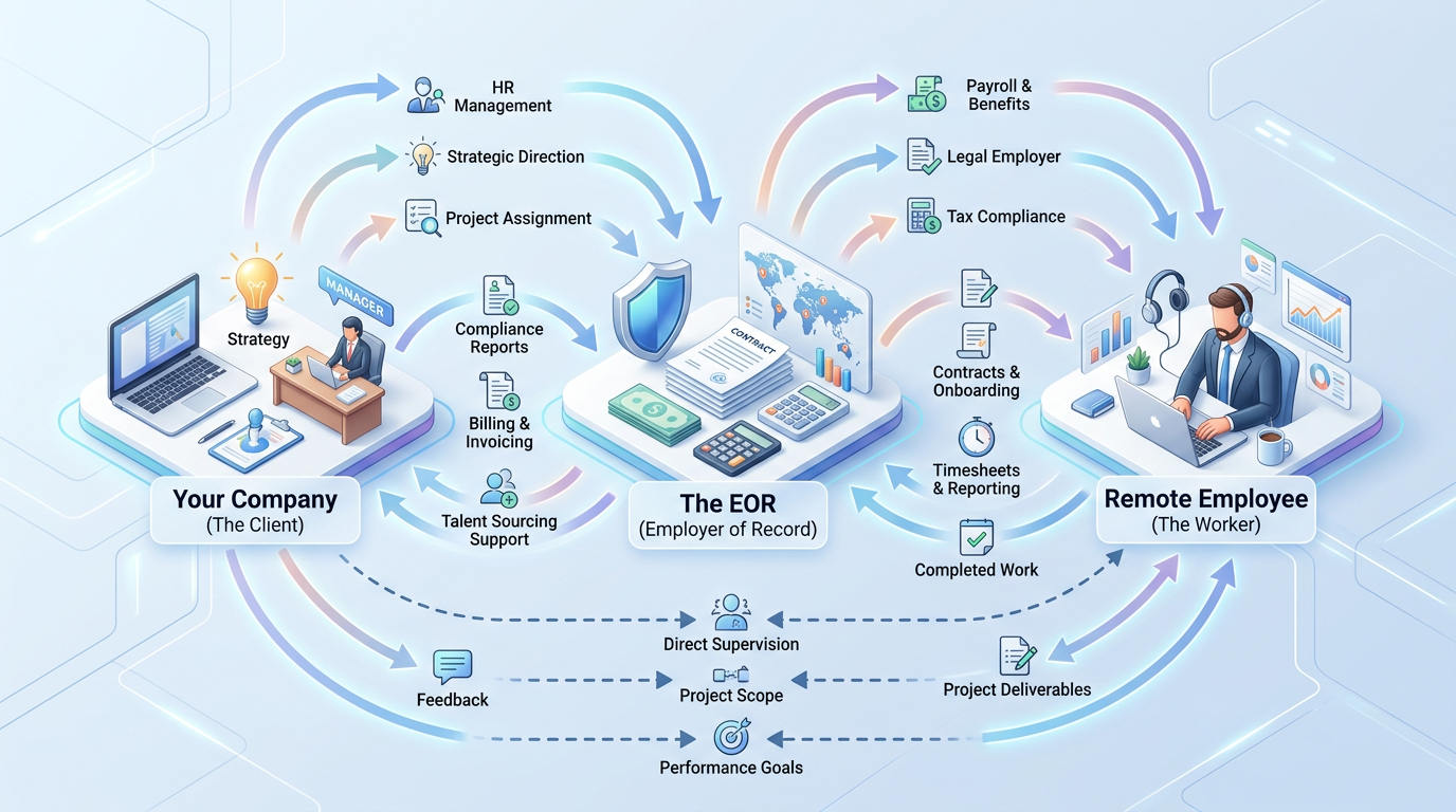 Diagram showing how an Employer of Record works with three entities: your company, the EOR, and the remote employee, with arrows indicating relationships and responsibilities