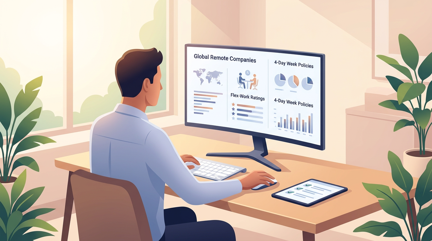 Step-by-step visual guide showing the application process for four-day work week remote positions, from research to offer