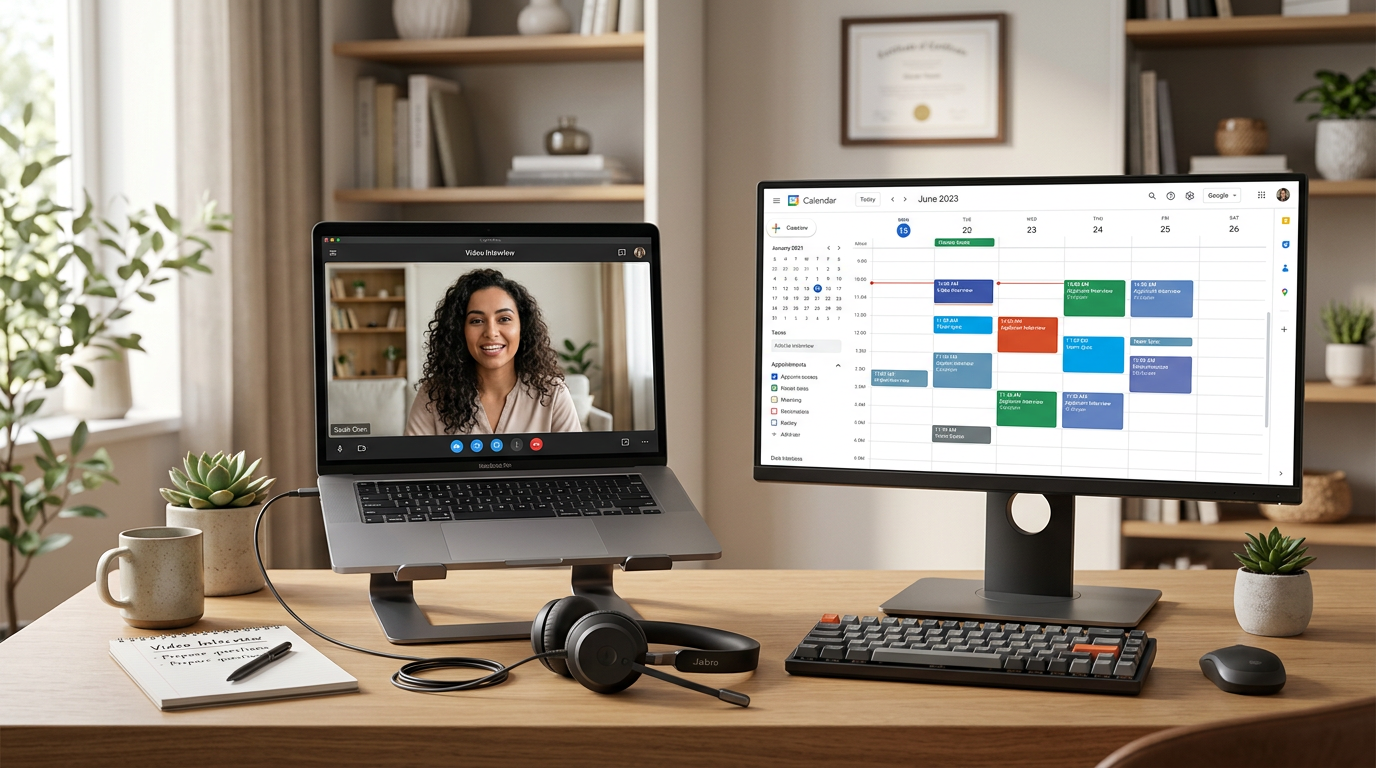 Professional home office setup showing video interview in progress on laptop screen with scheduling calendar visible on second monitor and headset on desk