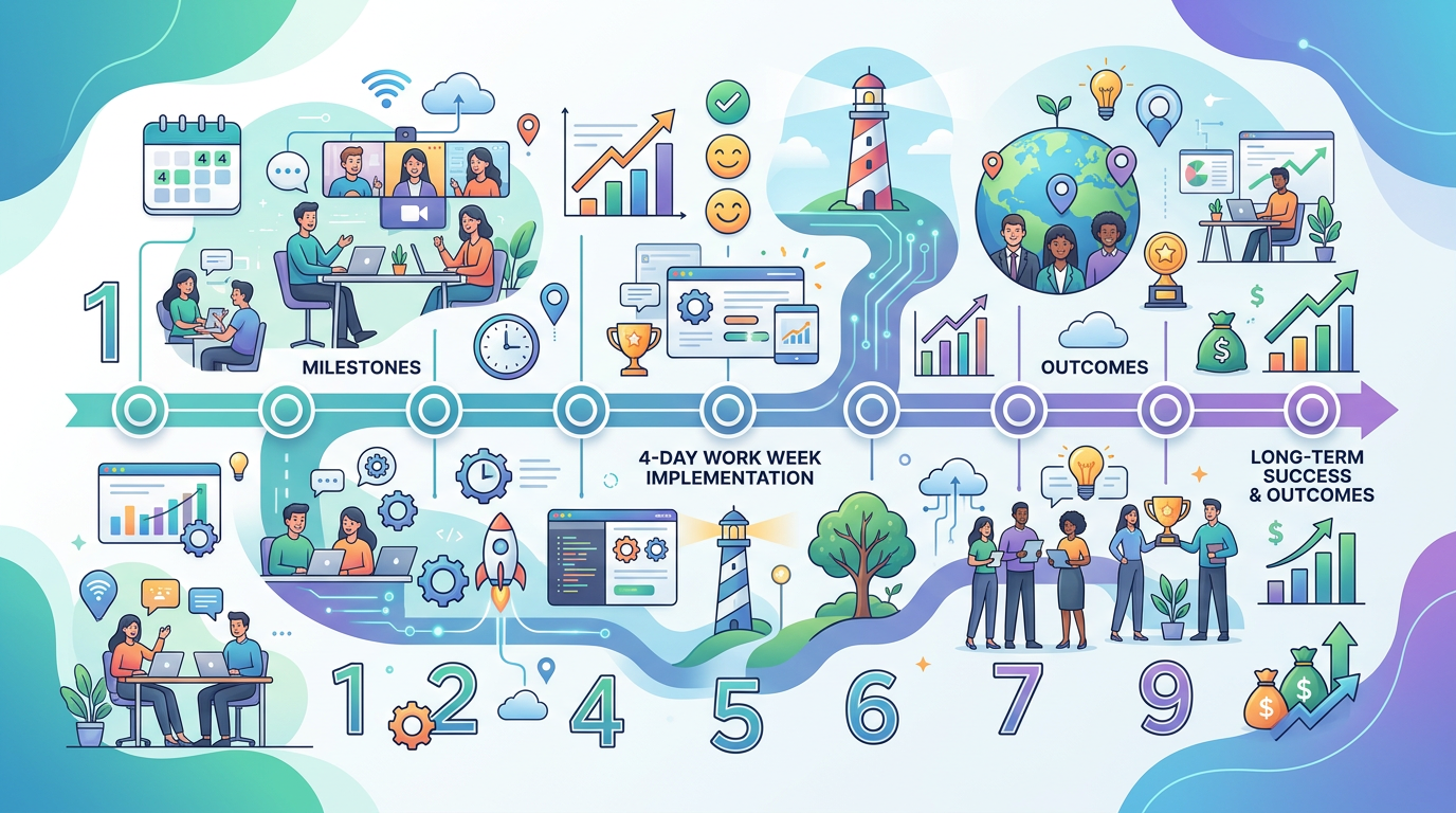 Timeline infographic showing Wildbit's nine-year journey with the four-day work week, including key milestones and outcomes