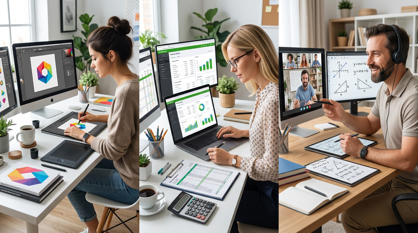 Three-panel workspace showing graphic designer working on logo design in Adobe Illustrator, bookkeeper reviewing financial reports in QuickBooks, and online tutor teaching math lesson via video call