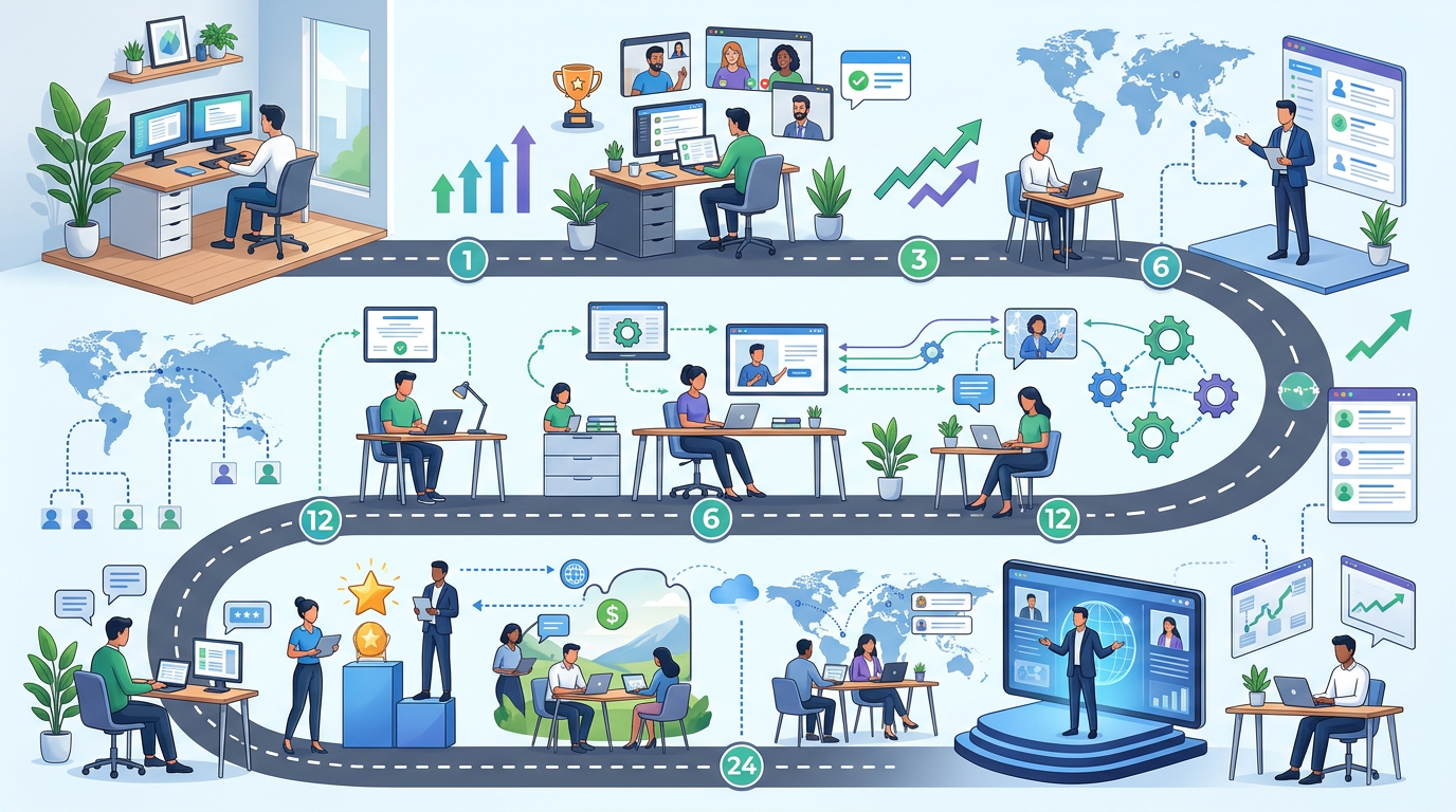 Timeline infographic showing career progression from first remote job to advanced opportunities, with milestones at 3 months, 6 months, 12 months, and 24 months