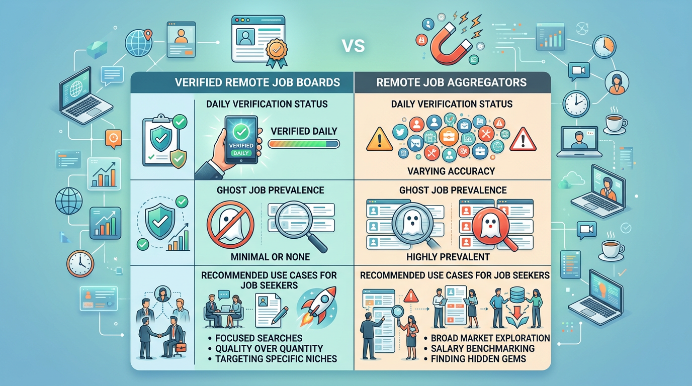 Comparison table showing verified remote job boards versus aggregators, with columns for daily verification status, ghost job prevalence, and recommended use cases for job seekers