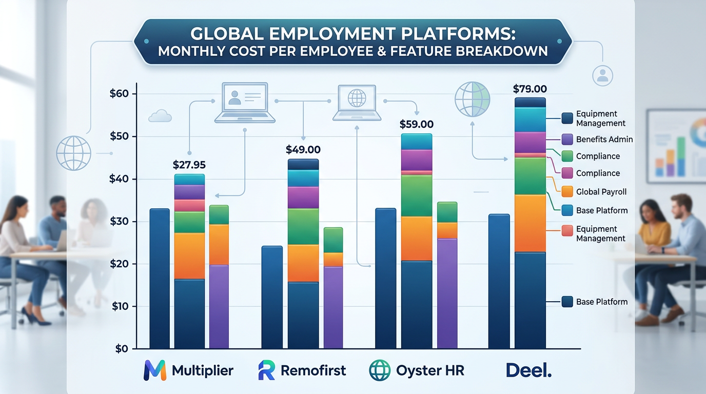 Pricing comparison chart showing monthly costs per employee for Multiplier, Remofirst, Oyster HR, and Deel, displayed as a vertical bar graph with feature breakdowns