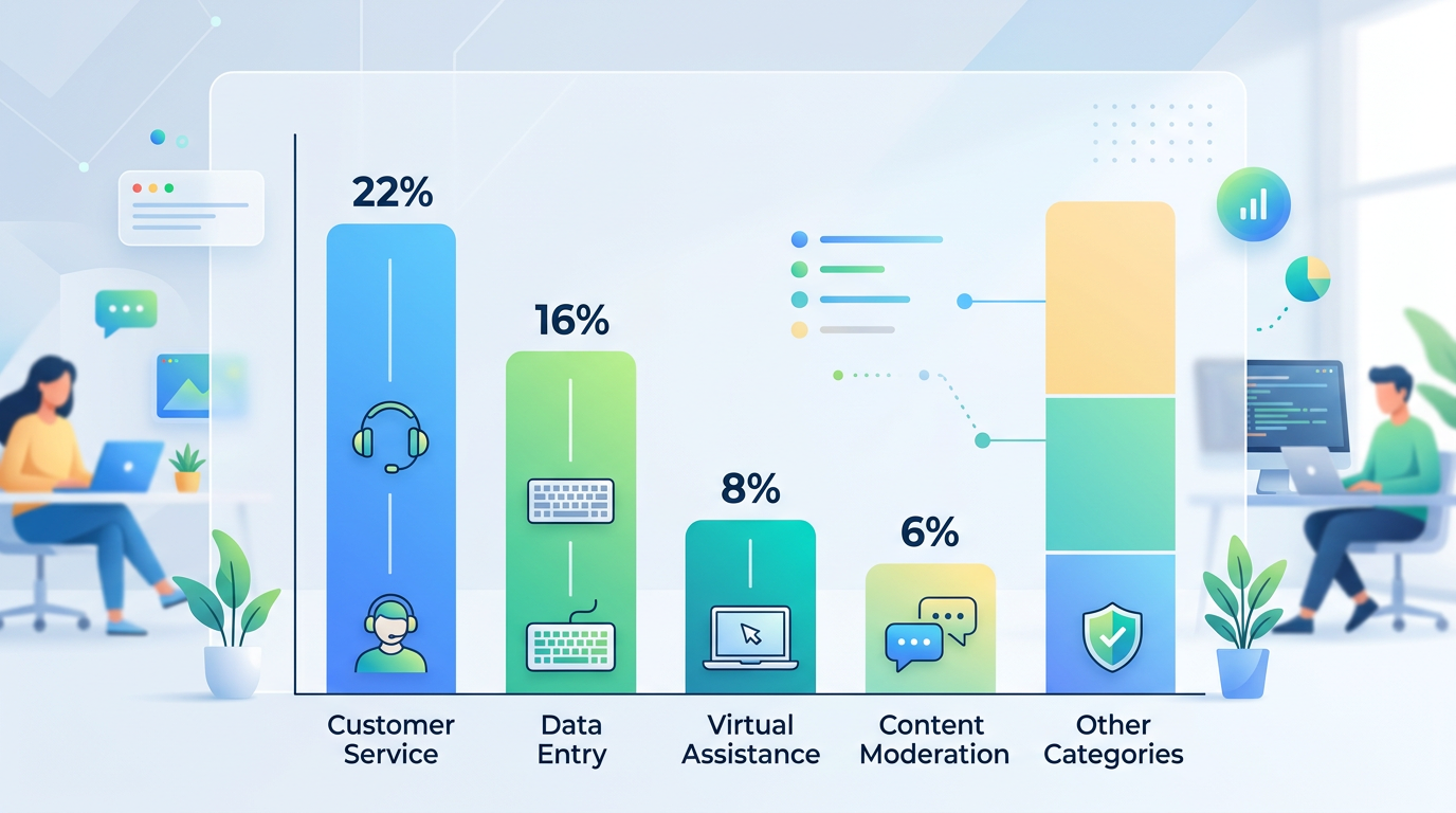 Bar chart comparing the percentage distribution of entry-level remote job categories, showing customer service at 22%, data entry at 16%, virtual assistance at 8%, content moderation at 6%, and other categories