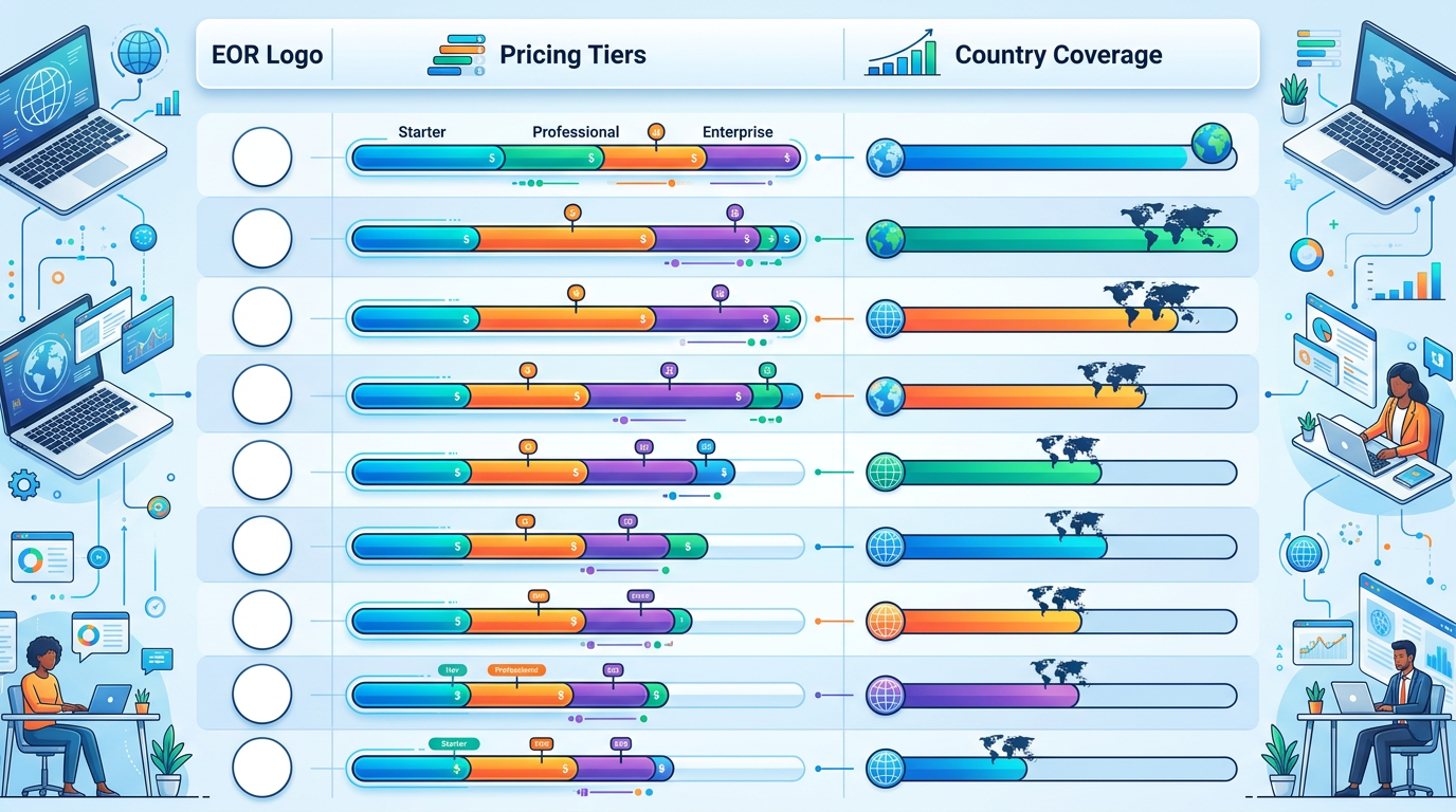 Comparison infographic showing the 12 best EOR services with logos, pricing tiers, and country coverage visualized as a horizontal bar chart