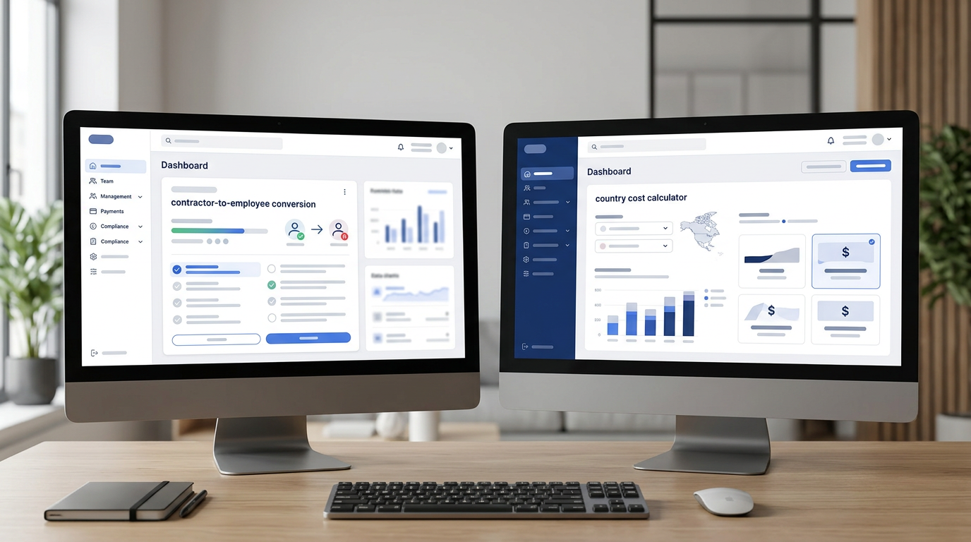 Screenshot comparison showing Deel and Remote dashboard interfaces side by side, highlighting key features like contractor conversion tools and country cost calculators