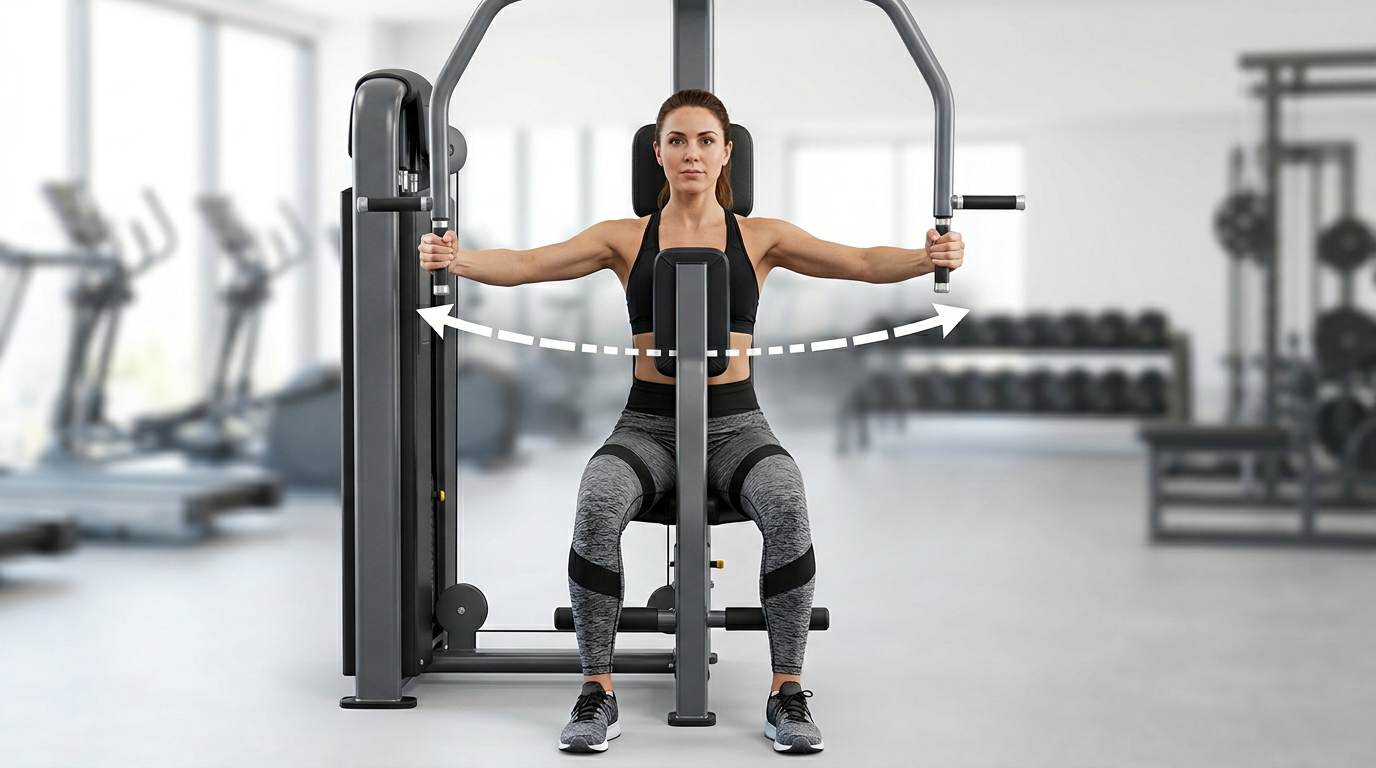 Woman seated at rear delt machine demonstrating proper chest pad positioning and handle grip with arrows showing the movement path of the exercise