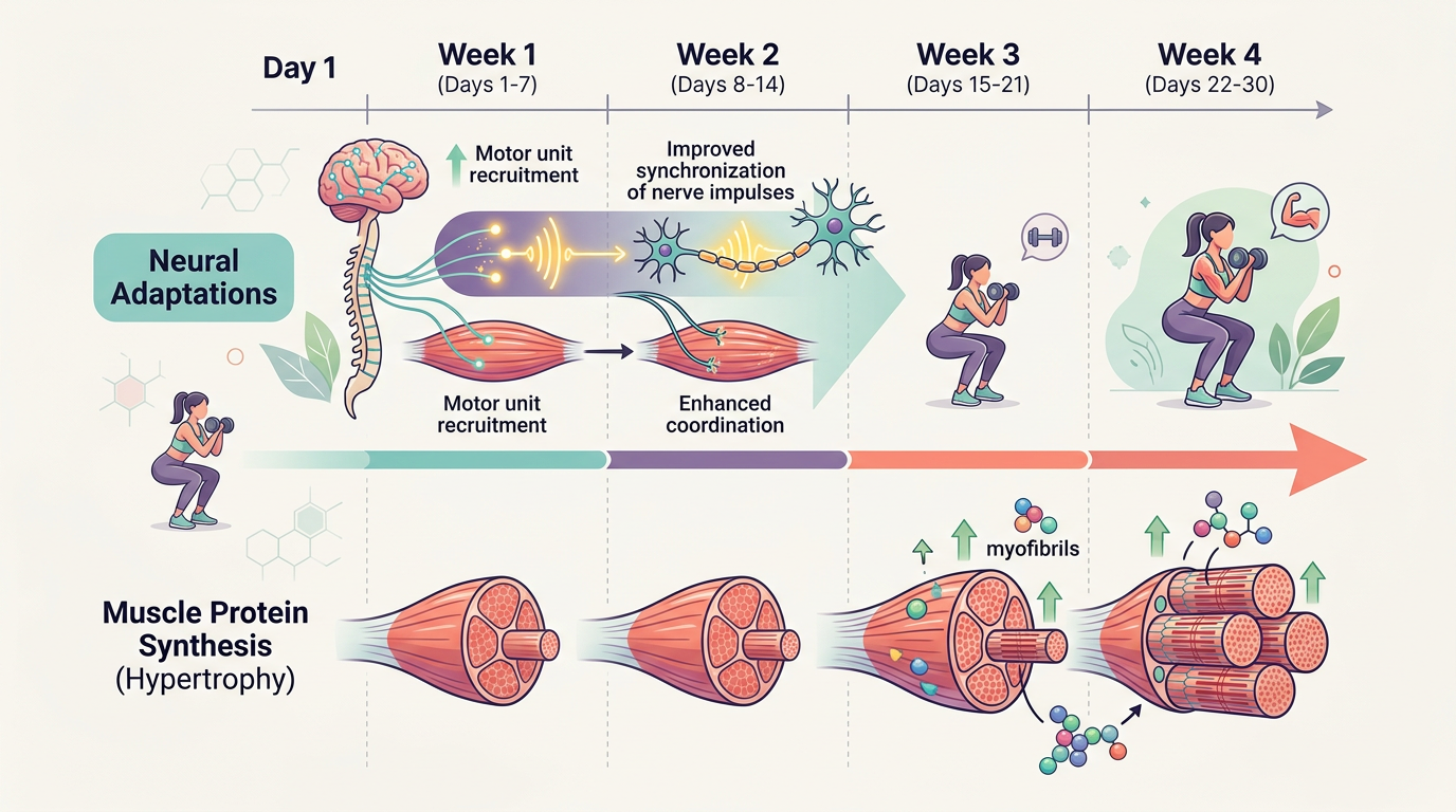 Scientific diagram showing muscle adaptation timeline over 30 days, with neural adaptations in weeks 1-2 and beginning muscle protein synthesis in weeks 3-4, illustrated with simple graphics