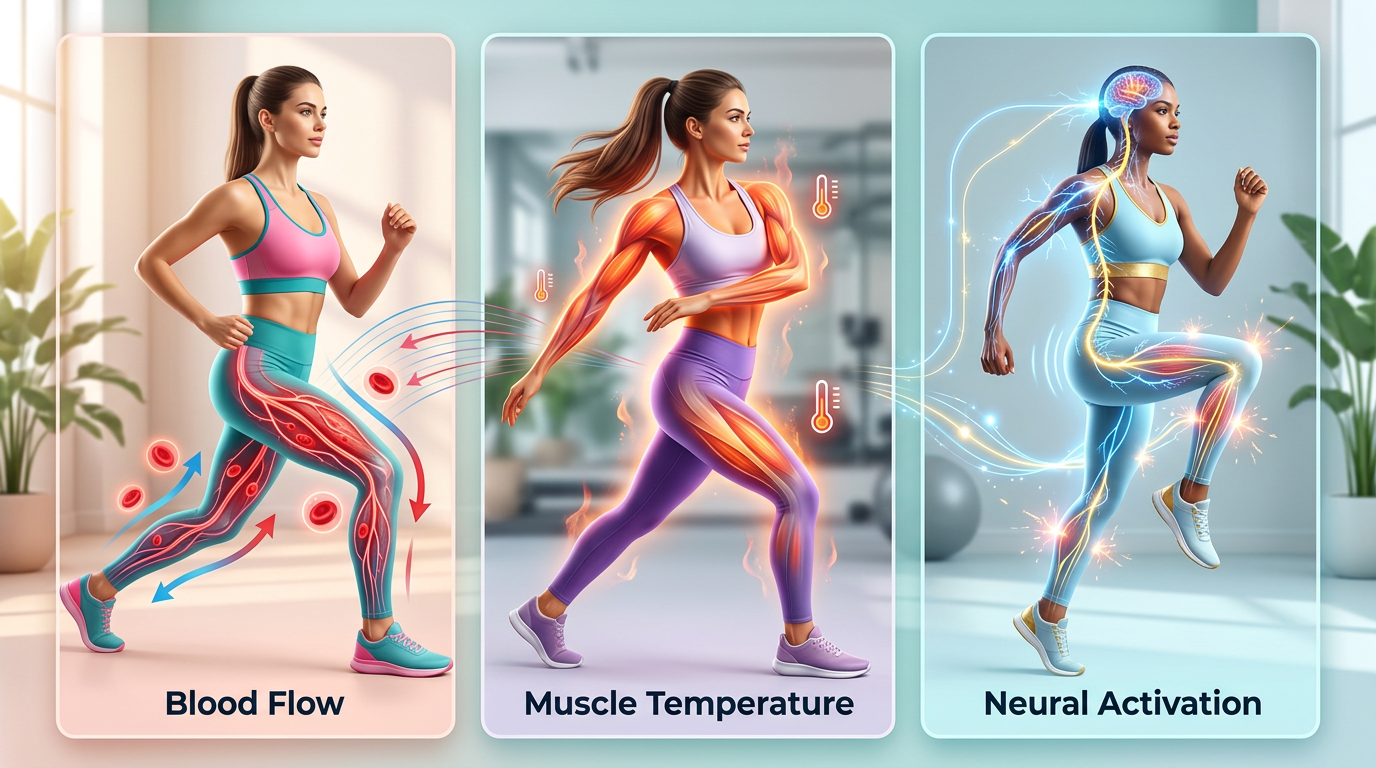 Infographic showing the physiological benefits of pre-workout stretching including increased blood flow, muscle temperature, and neural activation