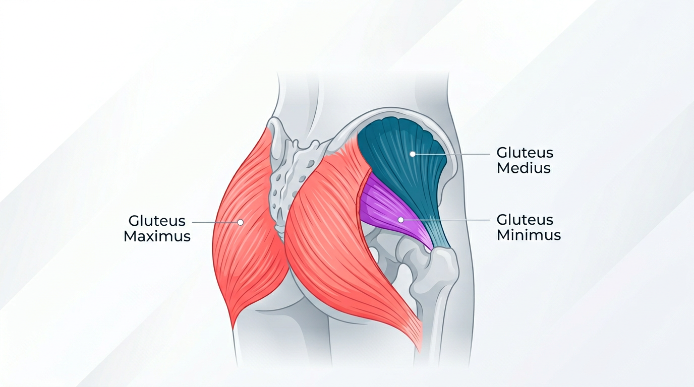 Anatomical diagram showing the three layers of butt muscles (gluteus maximus, medius, and minimus) with labels and different colors for each muscle
