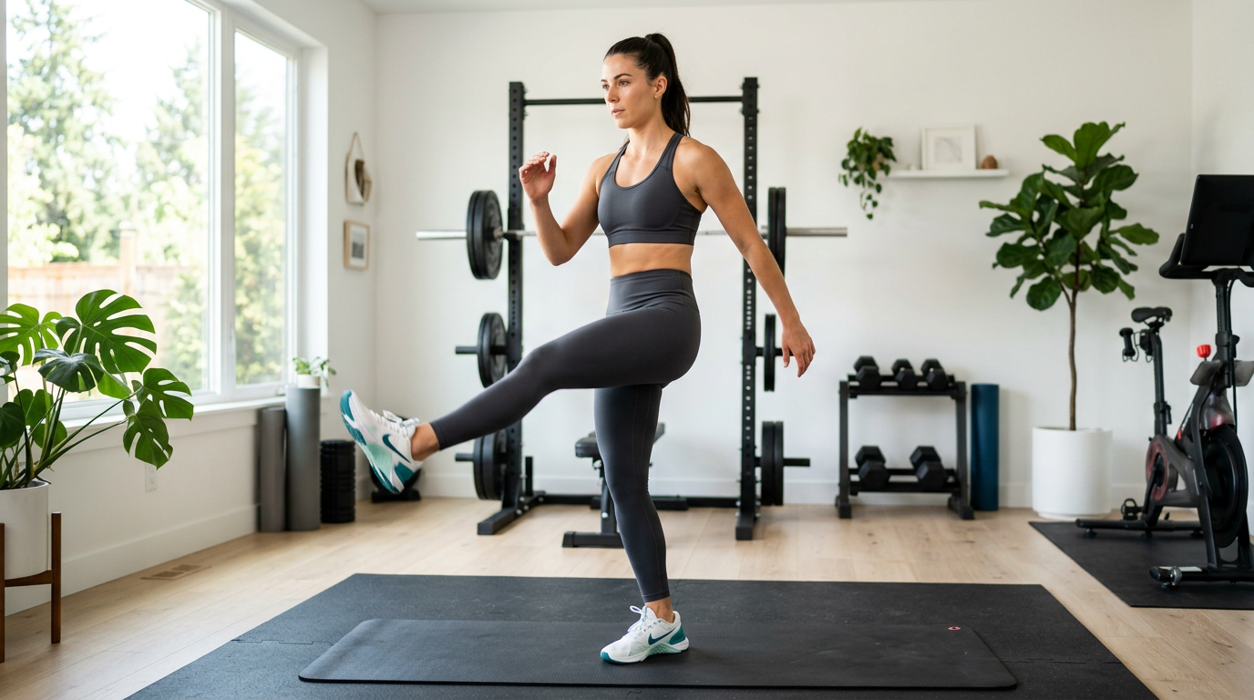 Woman in athletic wear performing dynamic stretches in a bright home gym, showing proper form for pre-workout warm-up movements