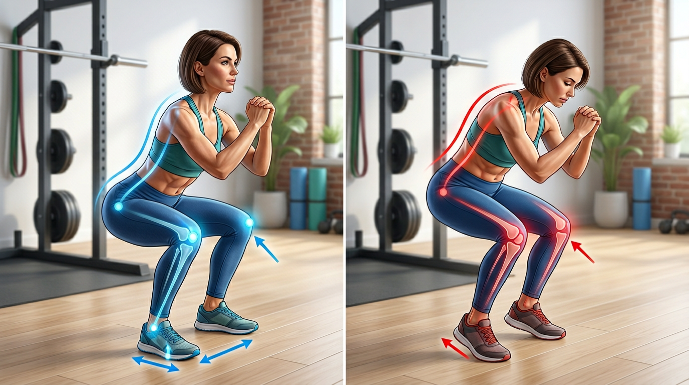 Side-by-side comparison illustration showing proper squat form versus common mistakes, with anatomical markers highlighting correct knee tracking, spine position, and foot placement