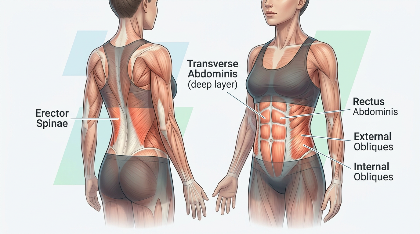 Anatomical illustration showing the major core muscle groups in a female body, highlighting rectus abdominis, transverse abdominis, obliques, and erector spinae with clear labels