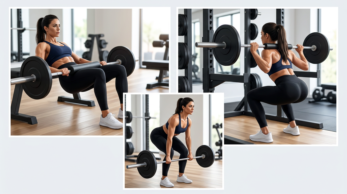 Collage showing proper form for hip thrust, squat, and Romanian deadlift exercises with focus on glute engagement
