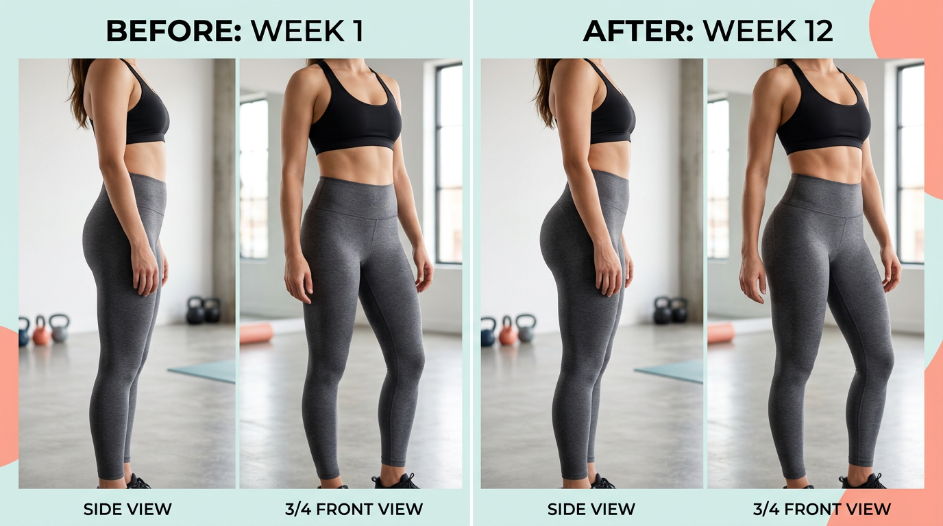 Before and after comparison showing realistic 12-week hip development results with proper lighting and angles for accurate progress tracking