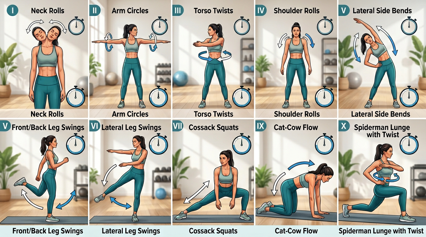 Visual chart showing a complete 10-minute pre-workout stretching routine with timing for each stretch and progression order