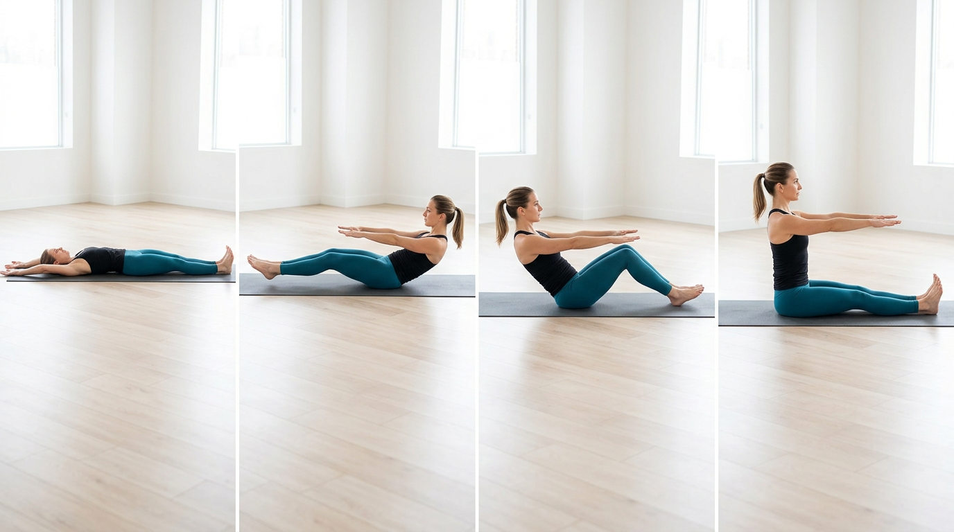 Step-by-step photo sequence showing proper Roll-Up form from lying position through sitting position, demonstrating spinal articulation and hand placement