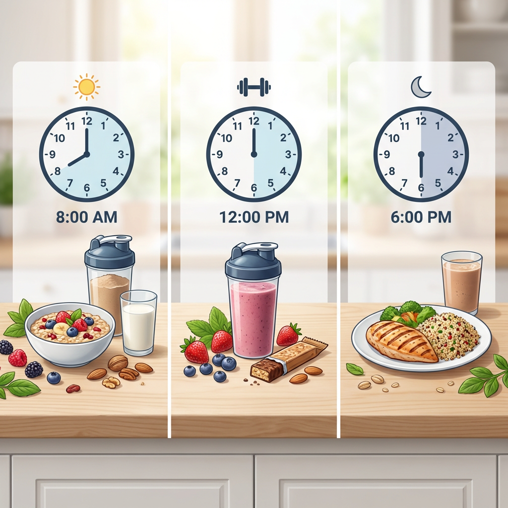 Side-by-side comparison showing three different protein timing protocols with clock icons and meal/shake illustrations