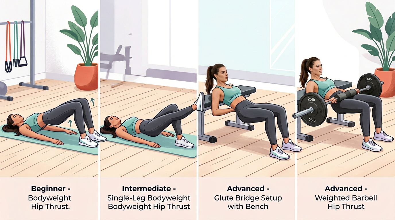 Progressive sequence showing hip thrust variations from bodyweight beginner version to advanced barbell hip thrust with proper form demonstrated