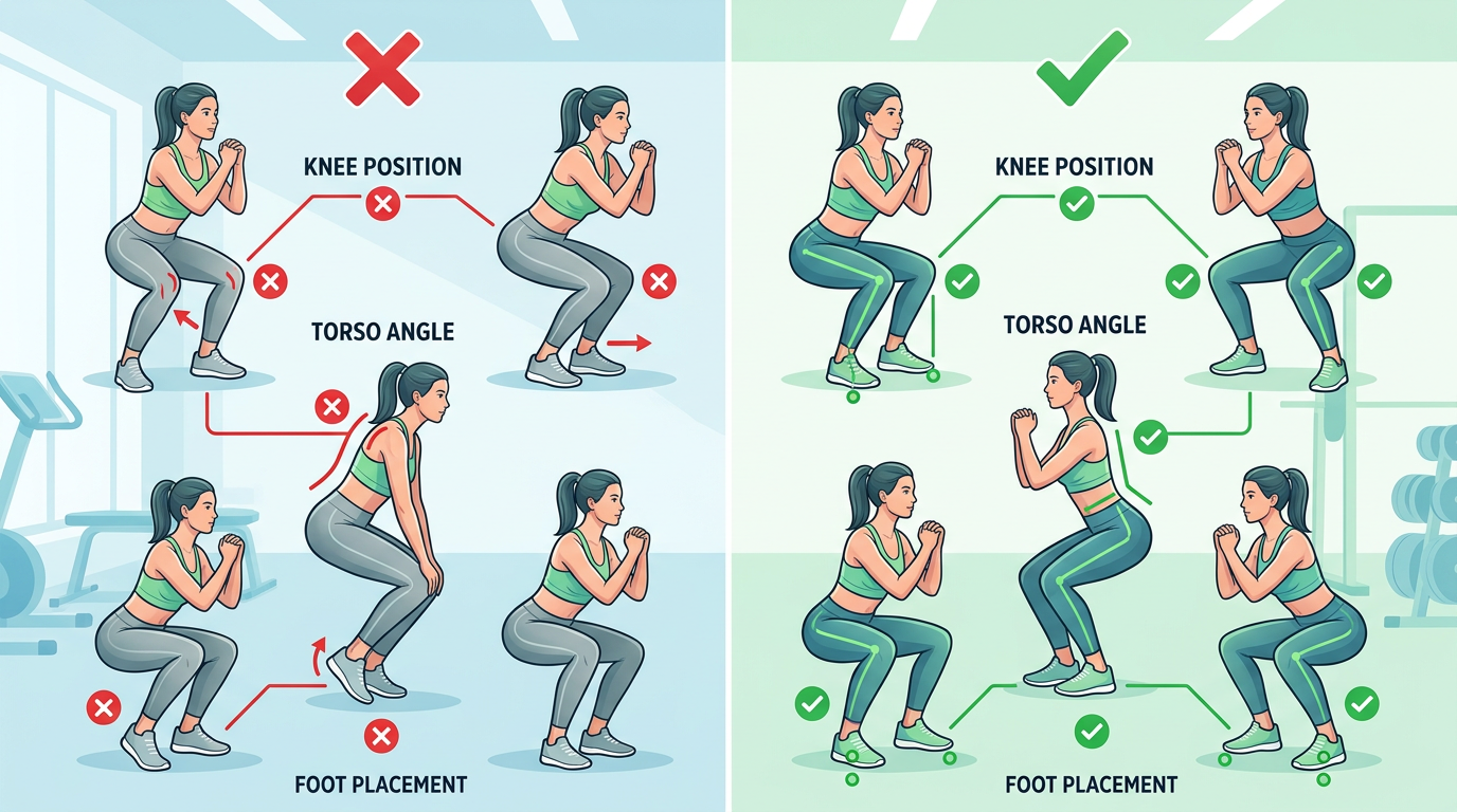 Annotated diagram showing common squat mistakes with red X marks and correct form with green check marks, focusing on knee position, torso angle, and foot placement