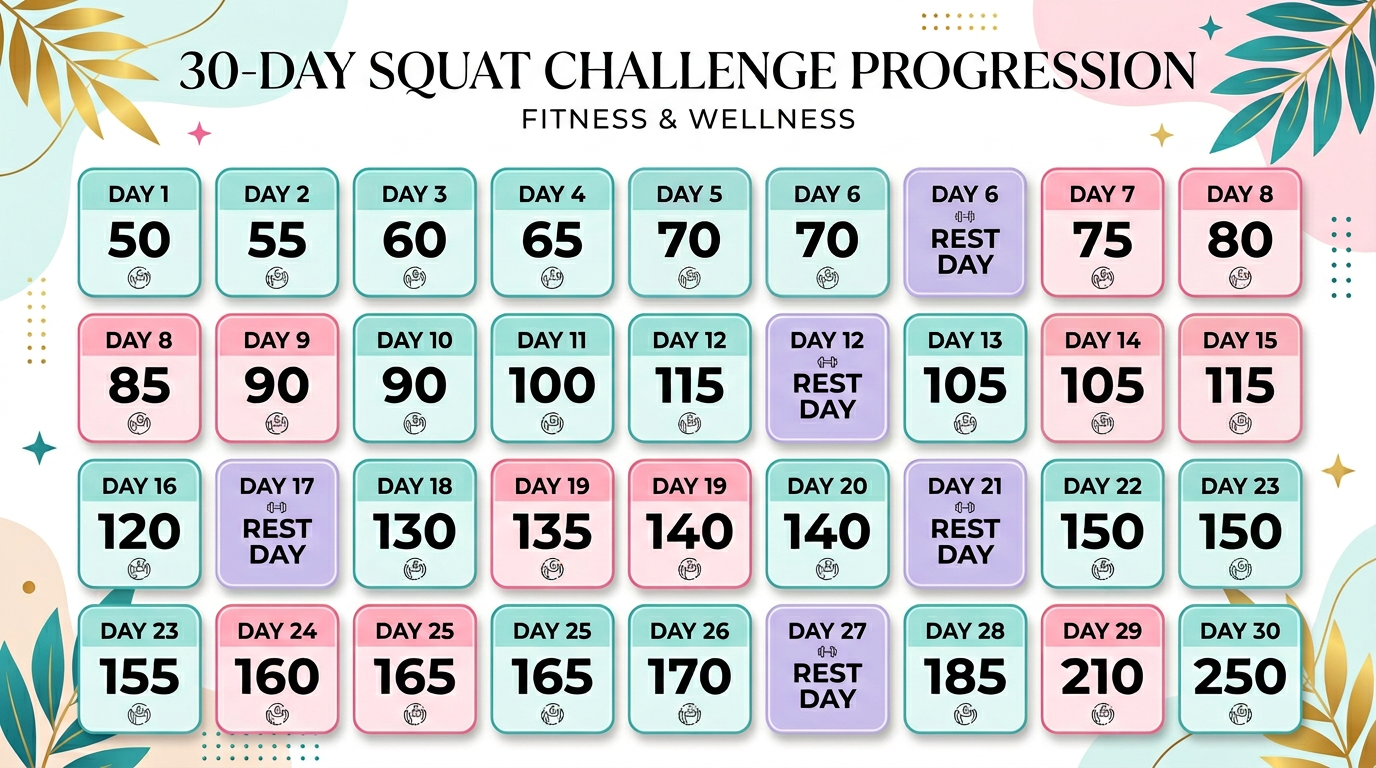 Calendar-style infographic showing a 30 day squat challenge progression chart with rep counts for each day, rest days highlighted in different color, starting at 50 reps and ending at 250 reps