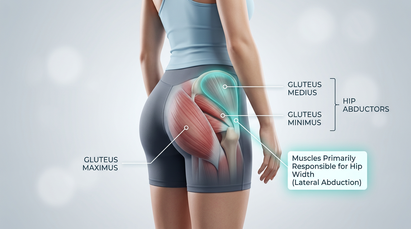Anatomical diagram showing gluteus medius, gluteus maximus, and hip abductor muscles with labels highlighting the muscles responsible for hip width
