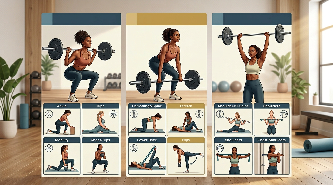 Comparison chart showing which mobility exercises benefit specific strength training movements like squats, deadlifts, and overhead presses