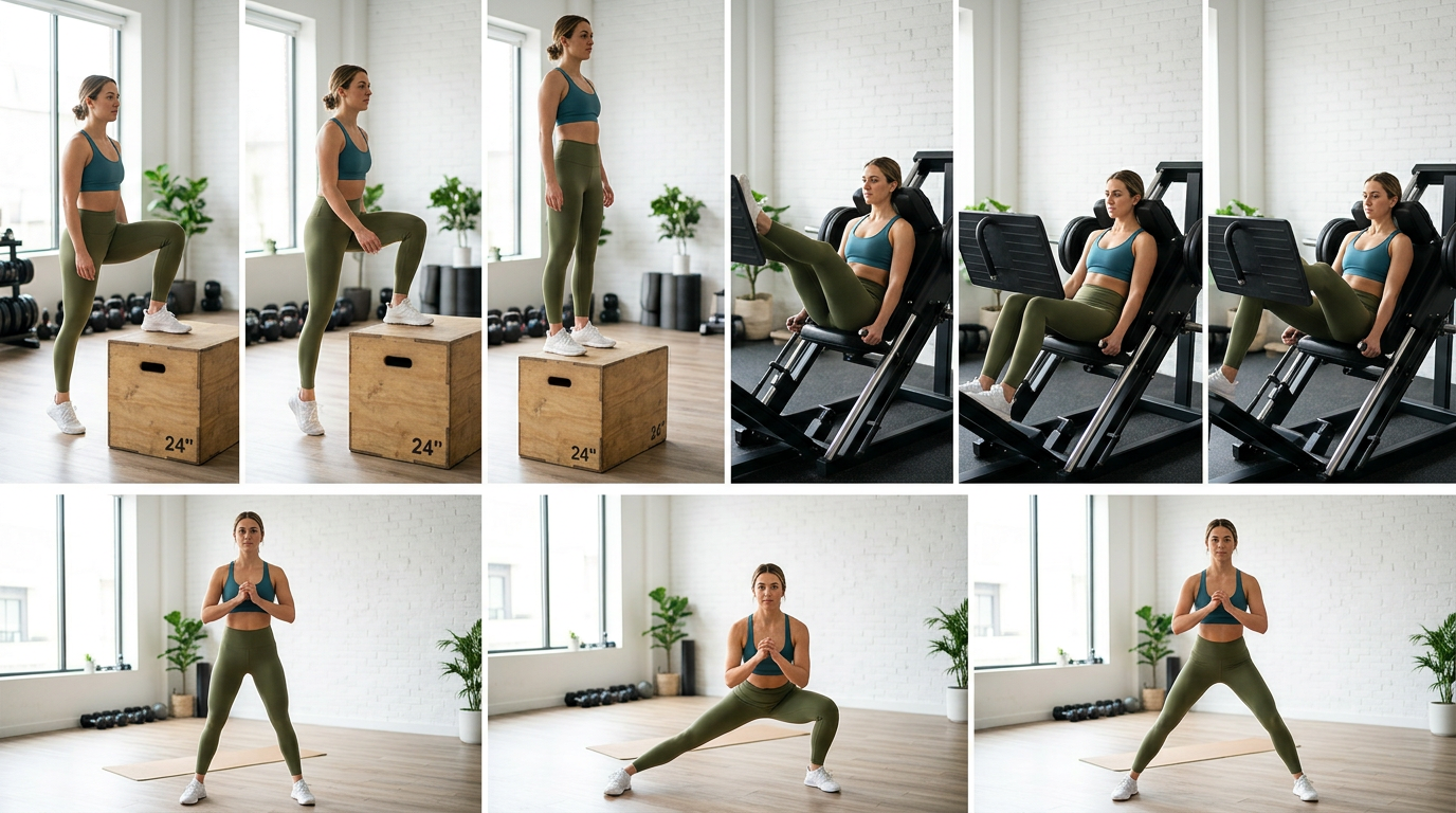 Photo sequence showing step-ups, leg press foot positions, and side lunges with proper form