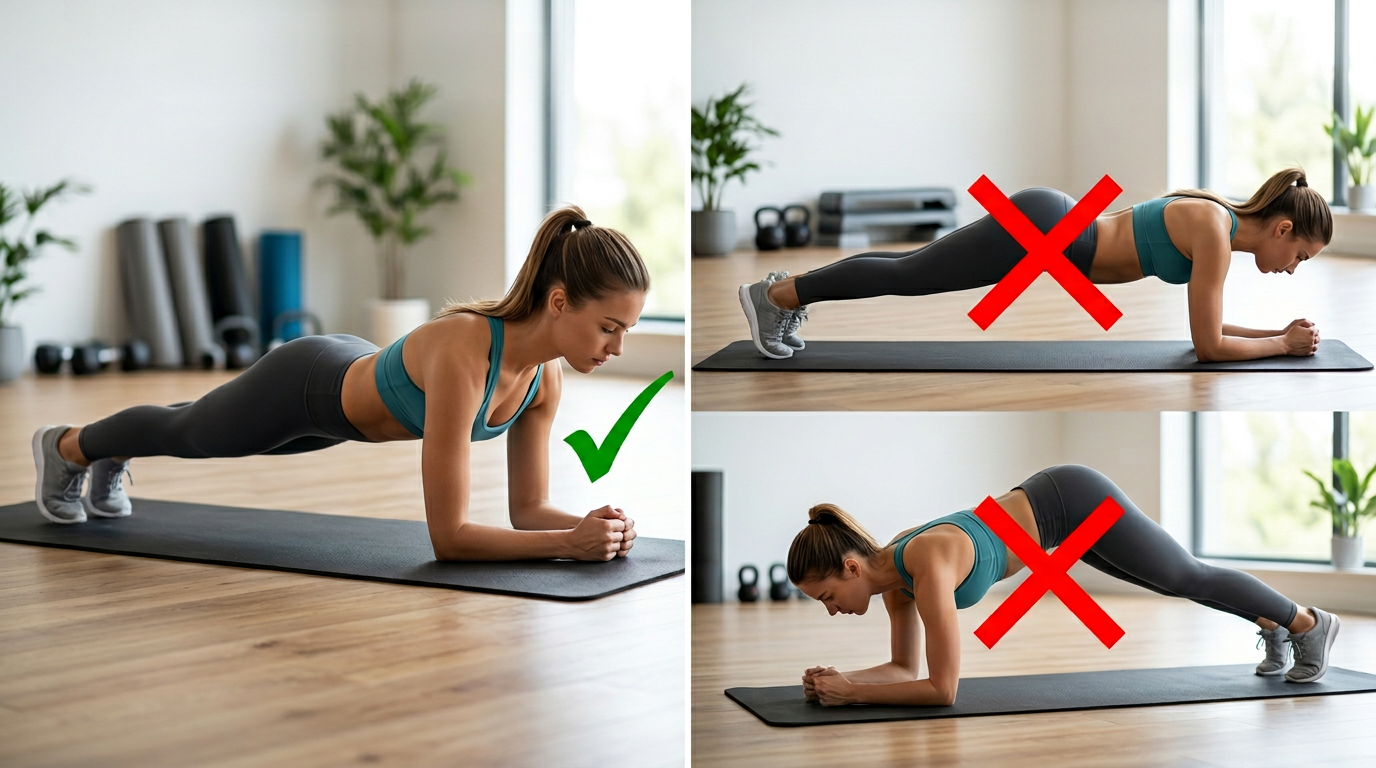 Side-by-side comparison showing proper plank form versus common mistakes, with a woman demonstrating correct alignment and incorrect positions with red X marks