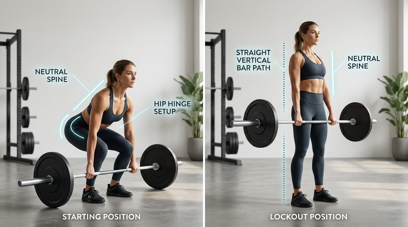 Side-by-side comparison showing proper conventional deadlift form from the starting position and lockout position, with form cues labeled including neutral spine, bar path, and hip hinge
