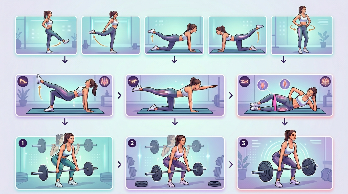 Infographic showing proper deadlift warm-up sequence including dynamic stretches, activation exercises, and progressive warm-up sets with recommended rep ranges