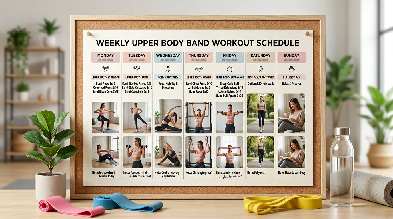 Weekly workout calendar showing upper body resistance band training schedule with rest days and progression notes