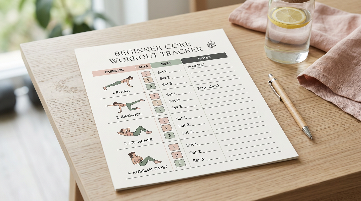 Clean, minimalist workout tracker template showing the sample beginner core workout with spaces to record sets, reps, and notes
