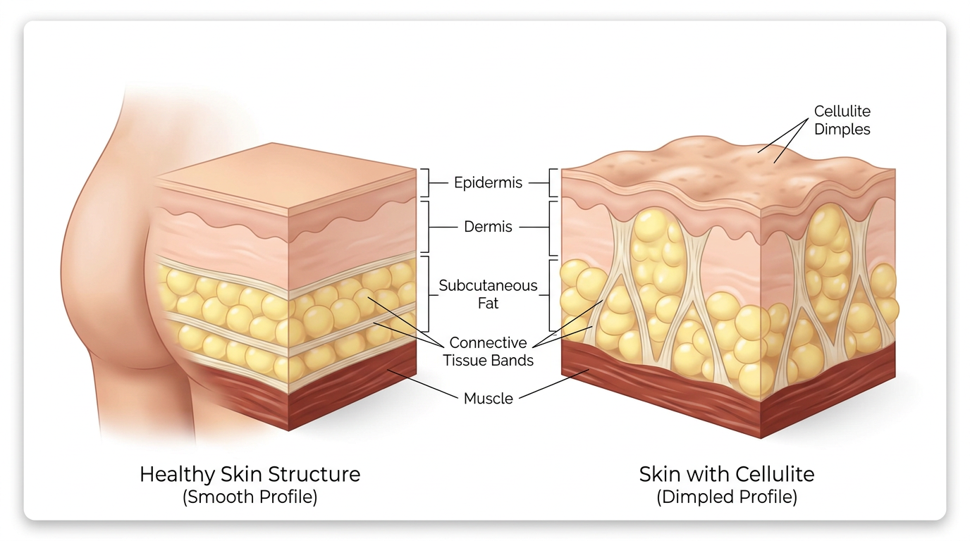 Cross-section diagram showing the difference between skin with and without cellulite, illustrating fat cells, connective tissue bands, and skin layers on the buttocks