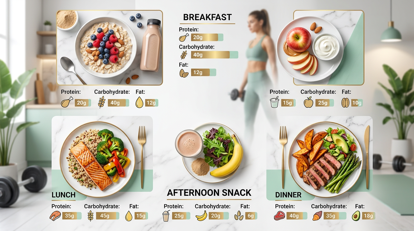 Sample meal plan showing a day of bodybuilding nutrition with protein, carbohydrate, and fat portions clearly labeled for breakfast, lunch, dinner, and snacks