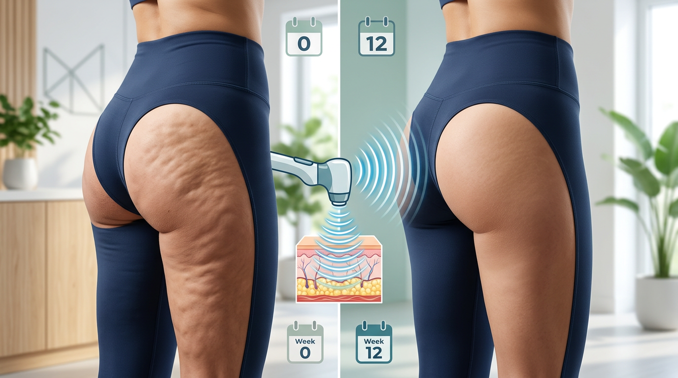 Before and after comparison showing the effects of acoustic wave therapy on butt cellulite appearance over a 12-week period