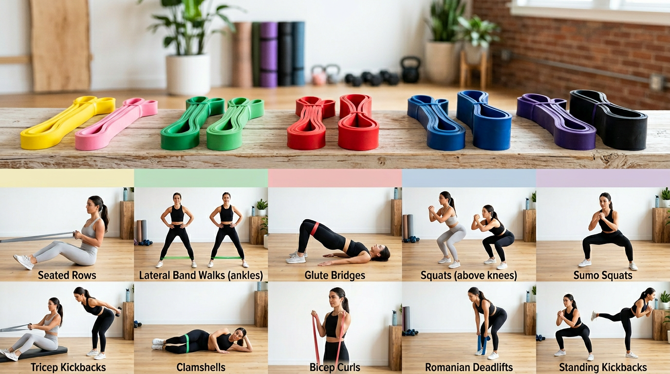 Array of different colored resistance bands arranged by resistance level with corresponding exercise recommendations for each strength level